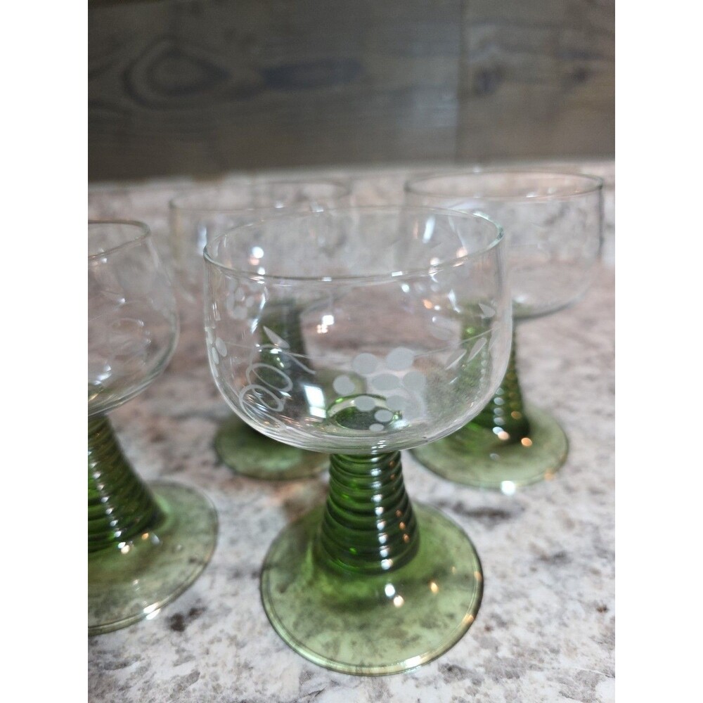 VTG Set of 4 German Roemer Green Stem Wine Glasses Etched Grape Vine Leaves